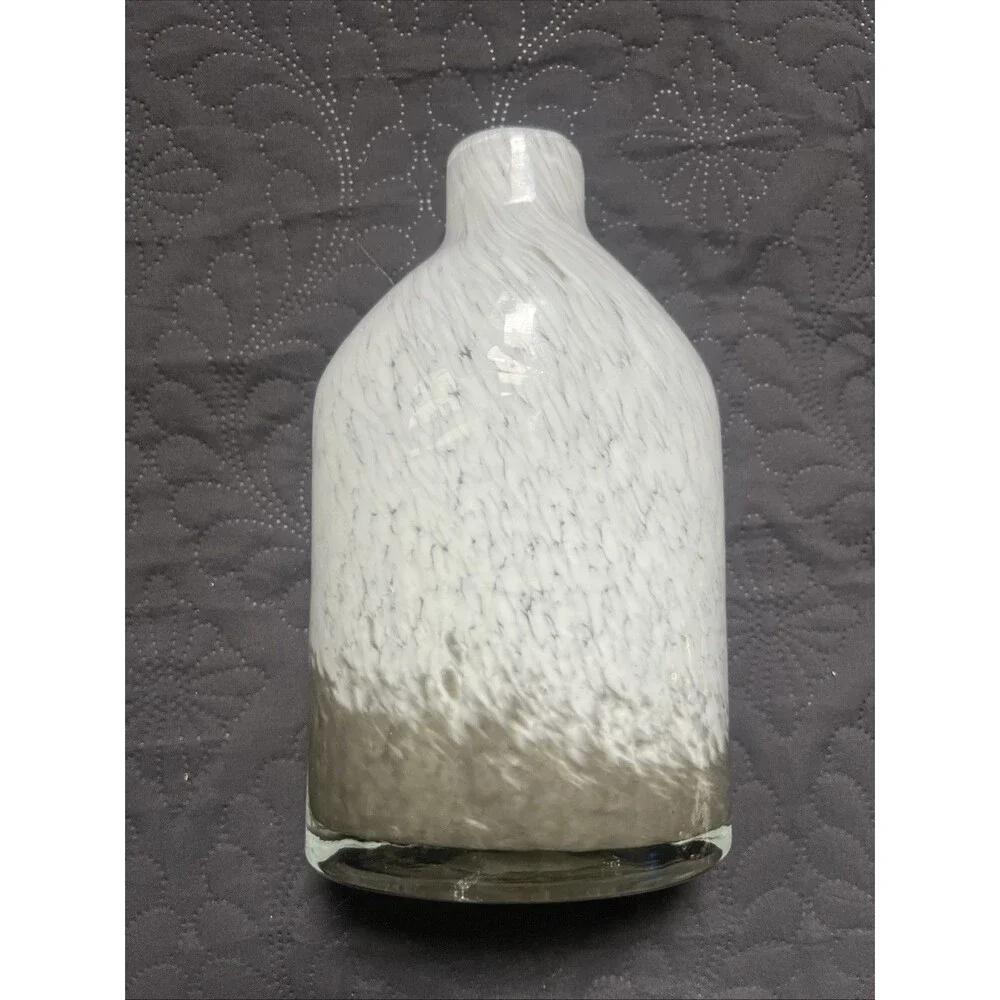 3pc Hand Blown Art Glass Vase Bottle Swirl White & Gray Mottled Set Heavy Decor